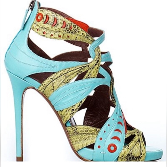 Tabitha Simmons Turquoise & Yellow Python Print Heels - Size 39.5 - Picture 6 of 8